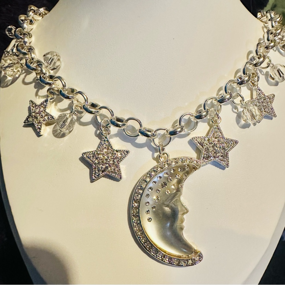 Vintage Kirk’s Folly Celestial Silver Moon and Star Charm Adjustable Necklace